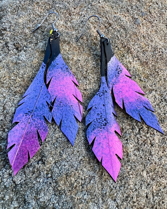 EARRINGS CRAFTED FROM INNER TUBES | PURPLE/PINK METALLIC LEAF